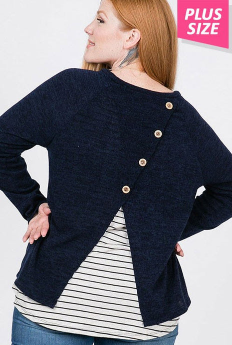 PLUS LONG SLEEVE STRIPE CONTRAST TOP WITH BACK BUTTONS