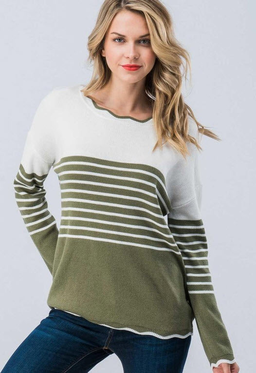 TWO TONE STRIPE SWEATER WITH SCALLOP EDGE