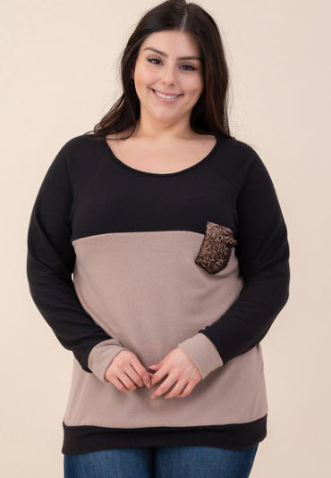 PLUS COLOR BLOCK PULLOVER W/ SEQUINS POCKET