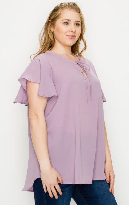 PLUS SIZE RUFFLE SLEEVES HI-LOW TUNIC TOP WITH TIE DETAIL