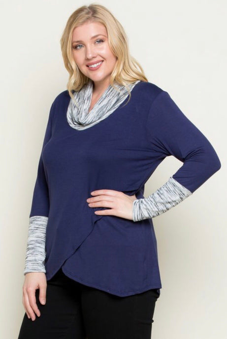 PLUS OVERLAP FRONT TOP W/ STRIPE COWL NECK