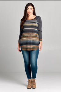 MULTI STRIPED BODY TOP W/ 3/4 SLEEVE